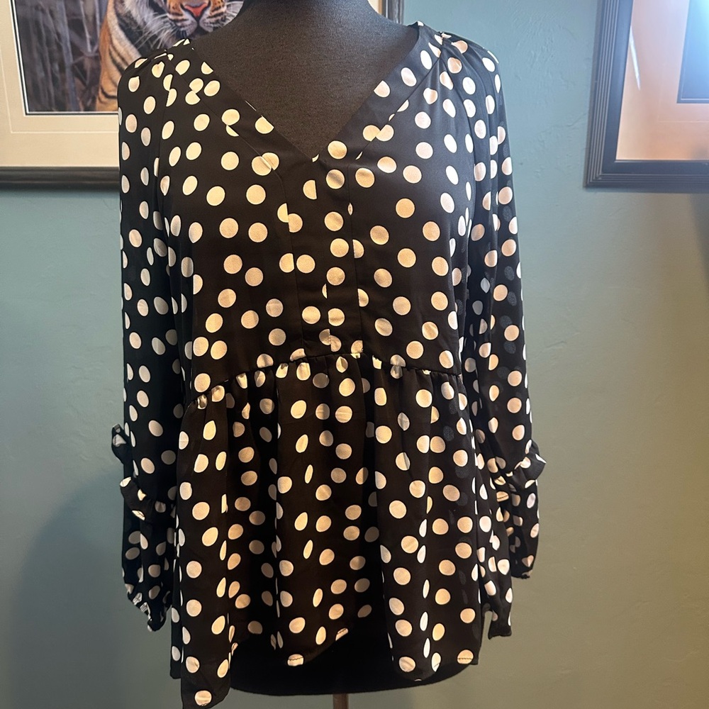 Counterparts Black and White Peplum Blouse Long Sleeve Size Medium NEW
